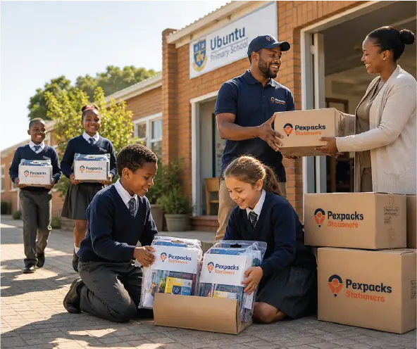 Packed Pexpacks stationery ready for school delivery